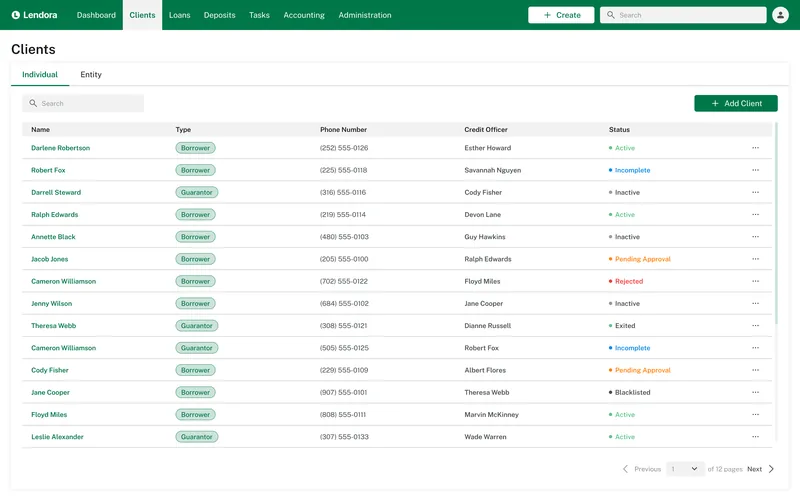 clients — search, filters and status at a glance