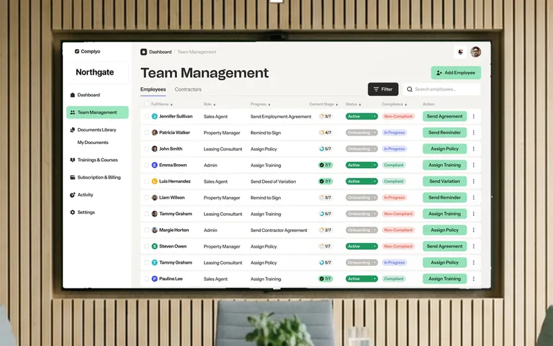 Complyo team management screen on a meeting room display